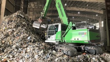 818 R Crawler Machine in a Dusty Working Area Recycling Plant in the US Working with Third SENNEBOGEN Material Handler