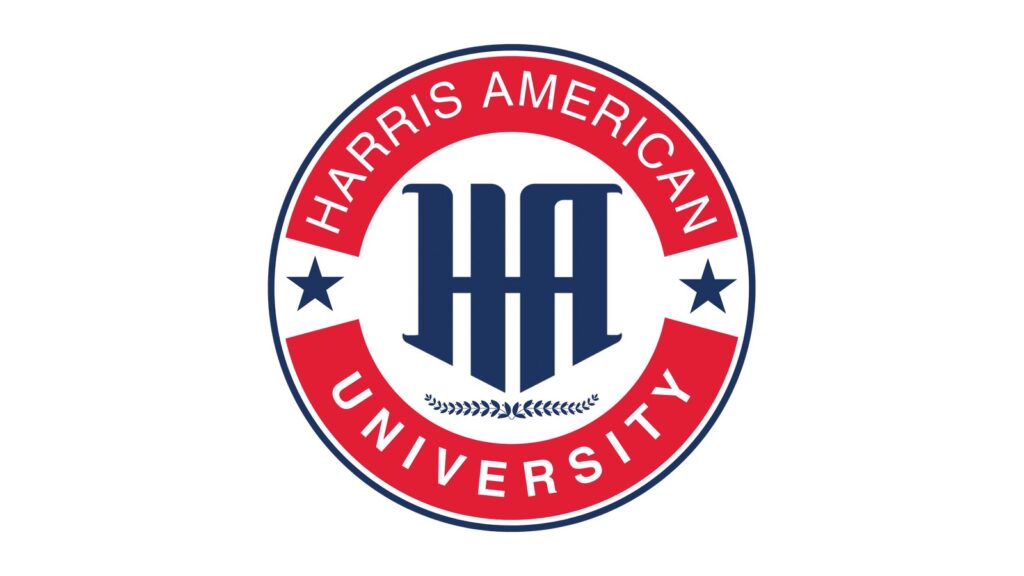 Round red, white and navy Harris American University emblem with the HA monogram, two stars and a laurel branch