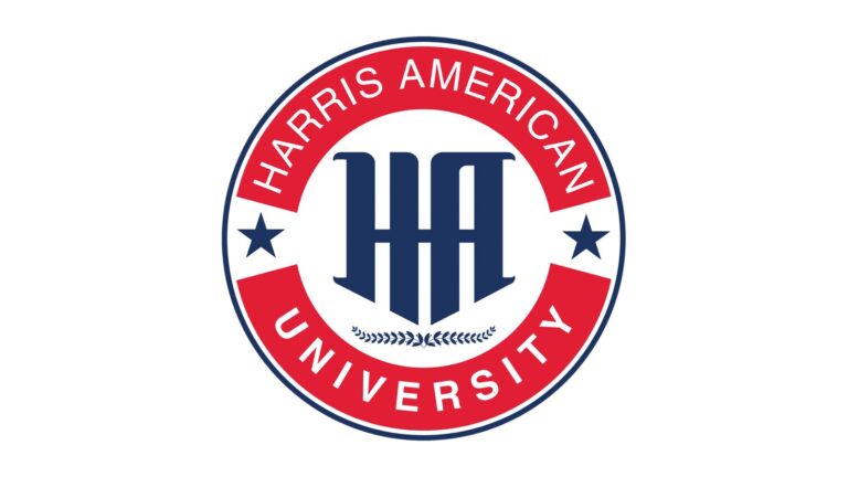 Round red, white and navy Harris American University emblem with the HA monogram, two stars and a laurel branch
