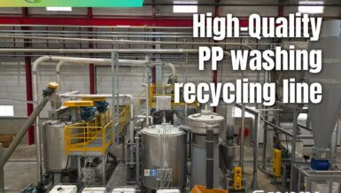 SOREMA polypropylene washing recycling line with stainless-steel hot-washing tanks, yellow platforms, screw conveyors and IBC containers, shown as reference for the Total Recycling plant in Romania