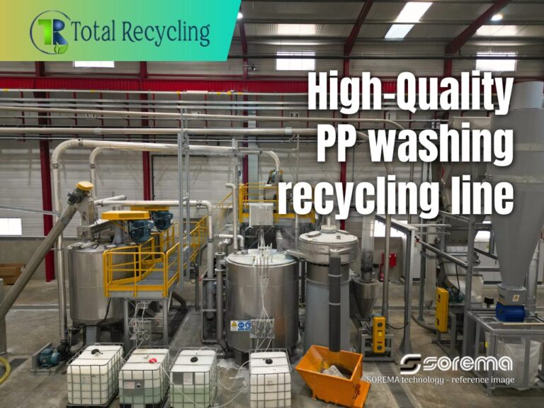 SOREMA polypropylene washing recycling line with stainless-steel hot-washing tanks, yellow platforms, screw conveyors and IBC containers, shown as reference for the Total Recycling plant in Romania
