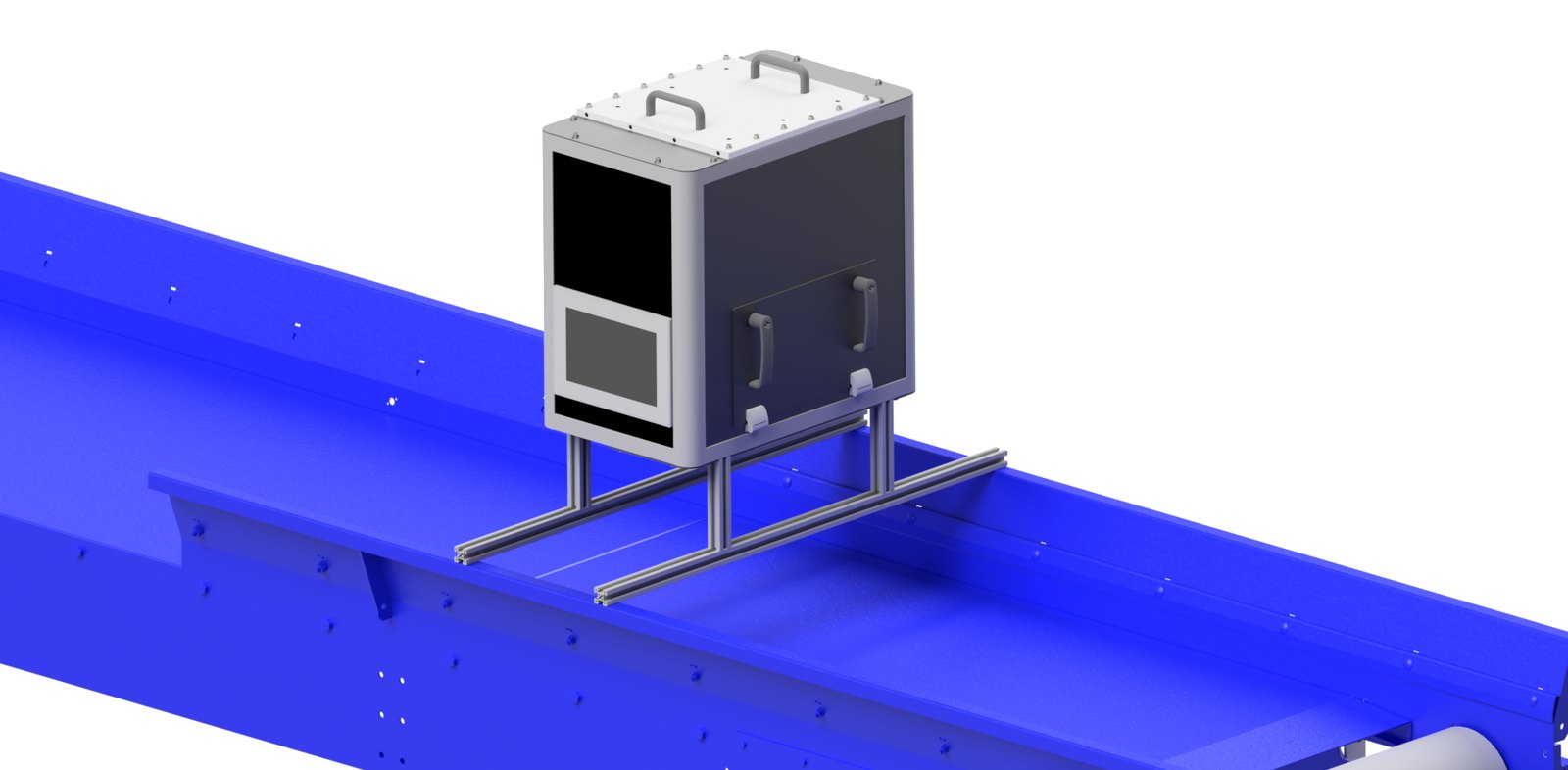 Close-up rendering of a grey UCY Technologies sensor unit mounted on aluminium profiles above a blue sorting conveyor