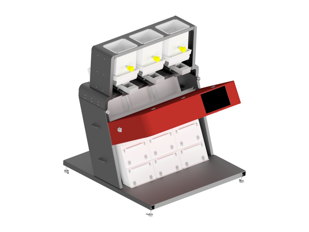 Rendering of a compact UCY Technologies AI sorter with three white feed hoppers, a red control panel with touchscreen and sorting chambers below