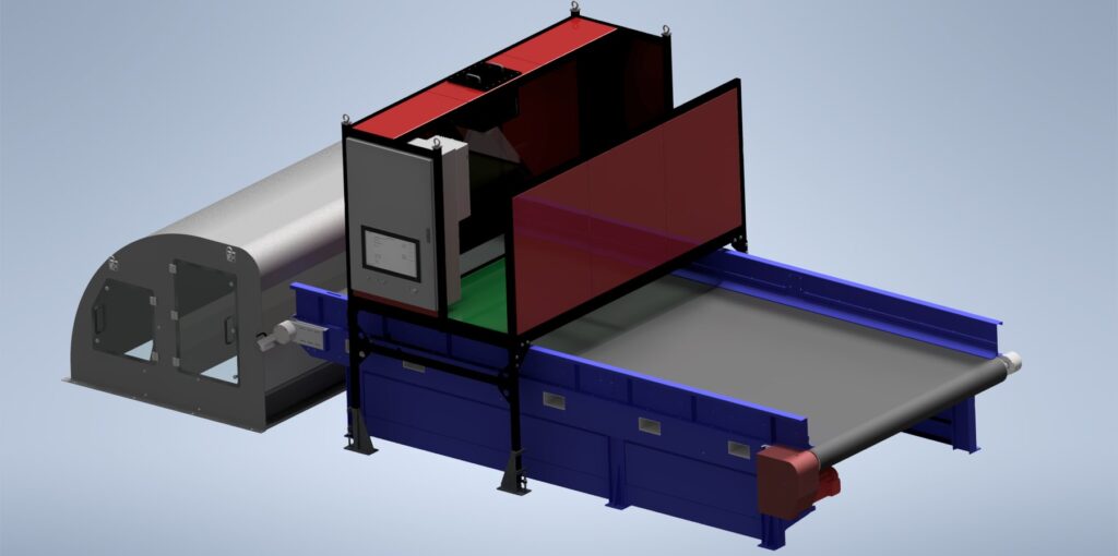 Rendering of a UCY Technologies AI sorting system: a red sensor housing over a blue sorting conveyor, with a control cabinet and an enclosed feed section