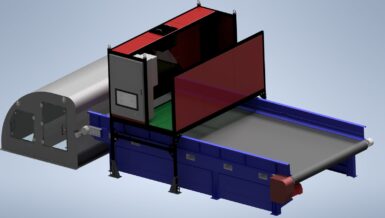 Rendering of a UCY Technologies AI sorting system: a red sensor housing over a blue sorting conveyor, with a control cabinet and an enclosed feed section