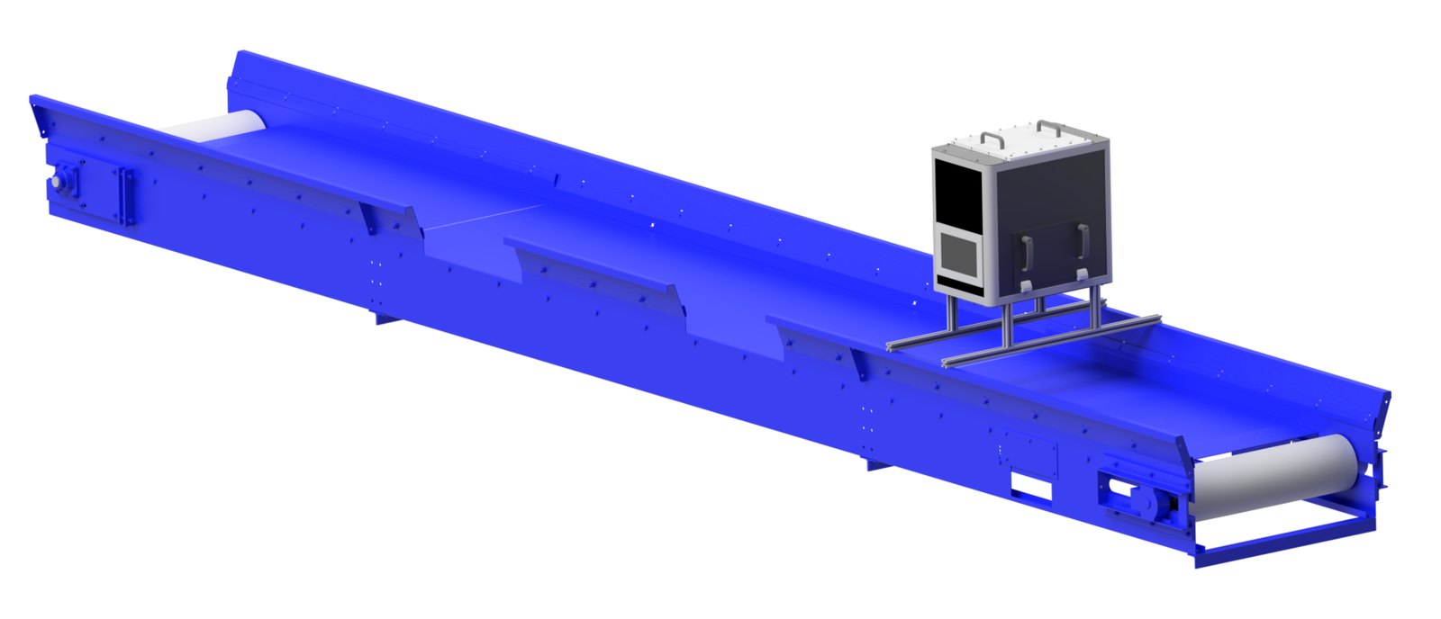 Rendering of a long blue sorting conveyor with a UCY Technologies AI sensor unit mounted above the belt