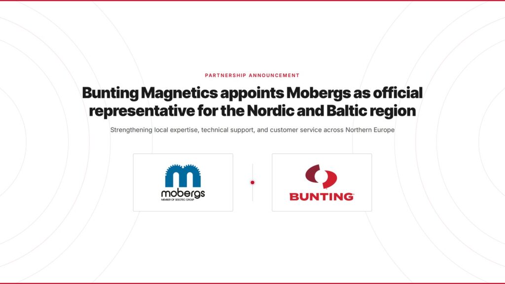Partnership announcement graphic with the Mobergs and Bunting logos and the headline that Bunting Magnetics appoints Mobergs as official representative for the Nordic and Baltic region