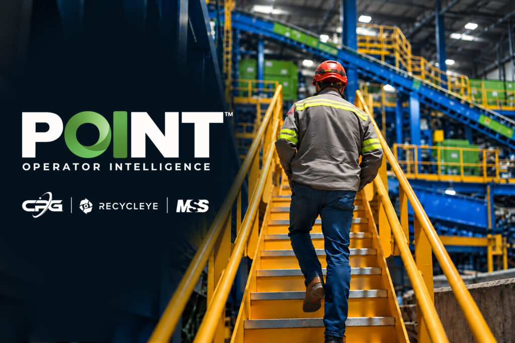 An operator in a red hard hat and hi-vis jacket walks up yellow stairs inside a material recovery facility, with the POINT Operator Intelligence logo and the CP Group, Recycleye and MSS logos on the left