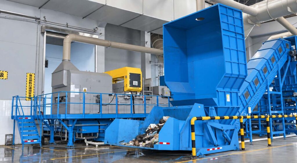 AI-powered sorting line with blue conveyors and equipment in a waste transfer hall
