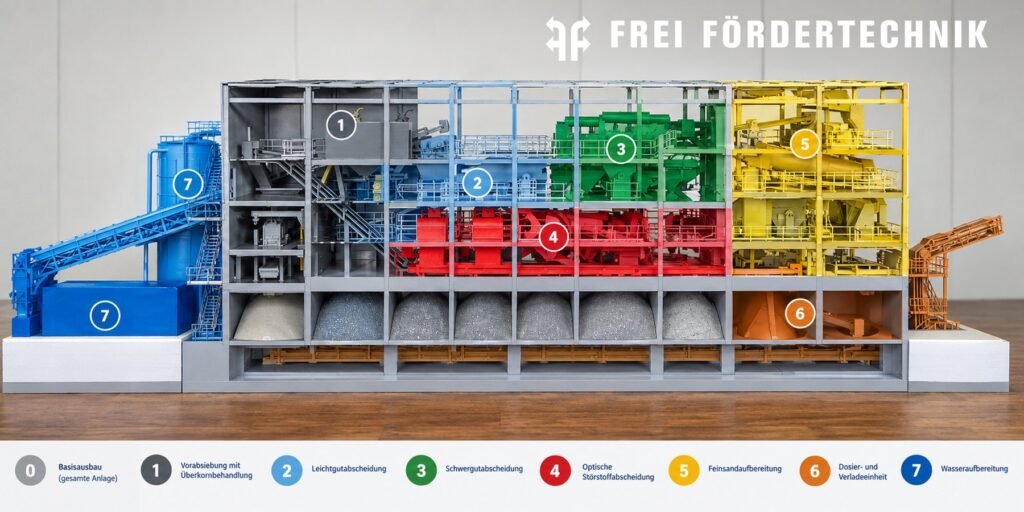 Scale model of a modular washing and sorting plant with color-coded modules for pre-screening, lightweight and heavy fraction separation, optical sorting, fine sand processing, dosing and loading, and water treatment