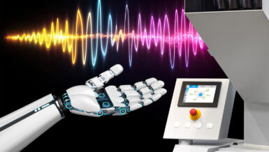Robotic hand beneath a colourful vibration waveform next to the Smart Control touchscreen panel of a Hellweg MDSi 410/260 granulator