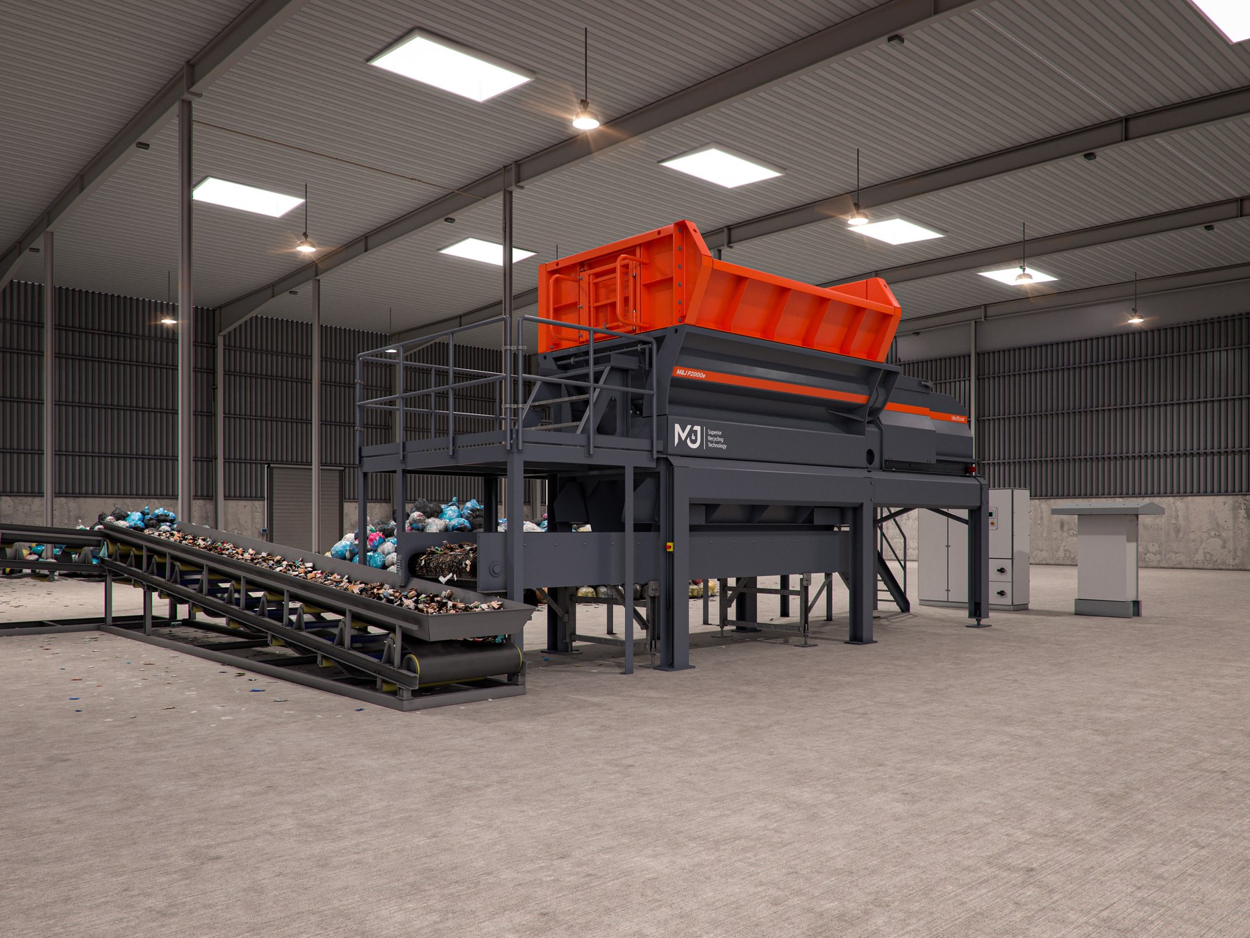 Front-left perspective of the orange and grey M&J P2000e electric pre-shredder on a steel frame with access platform and discharge conveyor carrying shredded waste, with waste bags in the background
