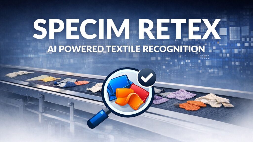 Textile pieces on a conveyor belt with a magnifying-glass graphic illustrating AI-powered textile recognition